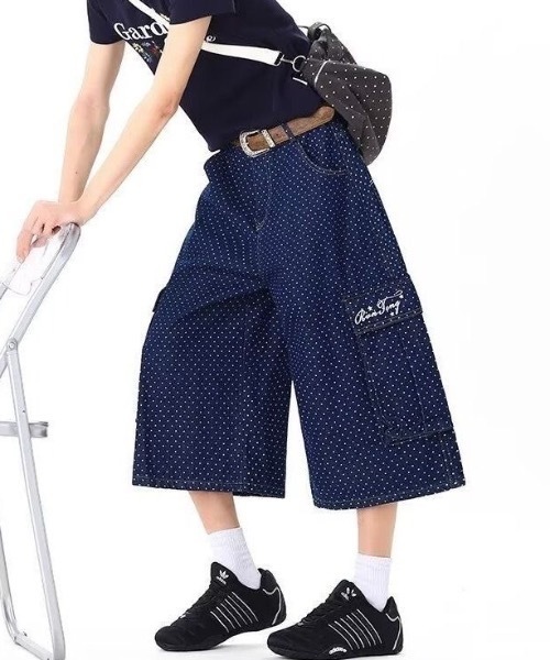 SHERU ジーンズ デニム デニムパンツ 濃インディゴ水玉総柄 サイド