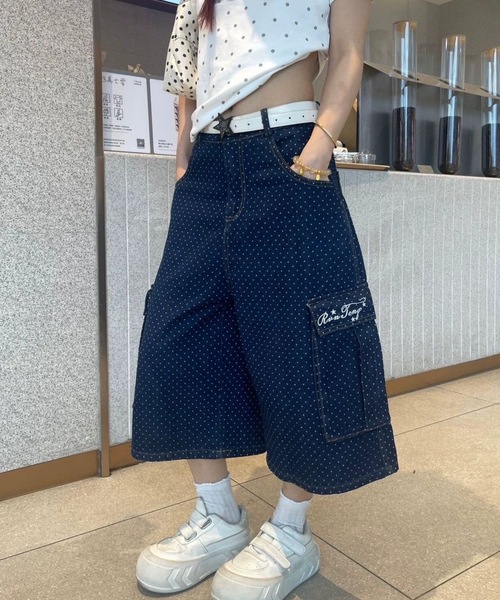 SHERU ジーンズ デニム デニムパンツ 濃インディゴ水玉総柄 サイド