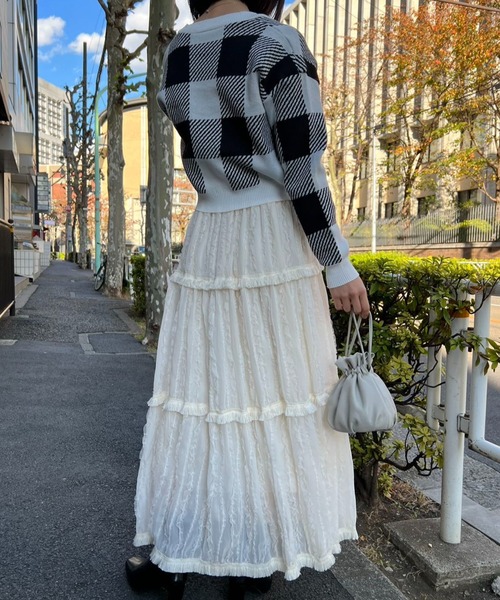 カーディガン ブロックチェックショートニットカーディガン