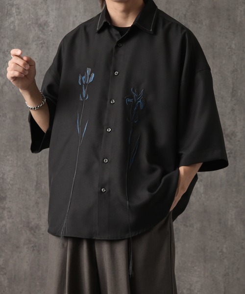 Lサイズ　◆刺繍半袖プルオーバーSHIRTS-BLACK welise シャツ 「welise/ウェライズ」フラワーリメイク刺繍 半袖
