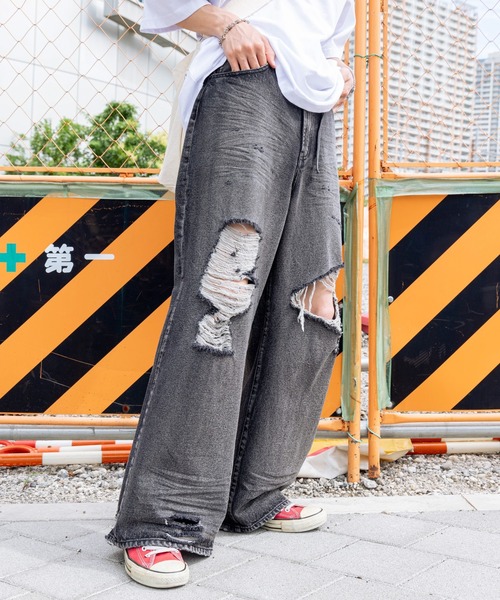 グランジ　クラッシュデニム　バギーシルエット　極太　ウォッシュ加工　デストロイ ワンフォークロージング 1111clothing ◇ワイドバギー