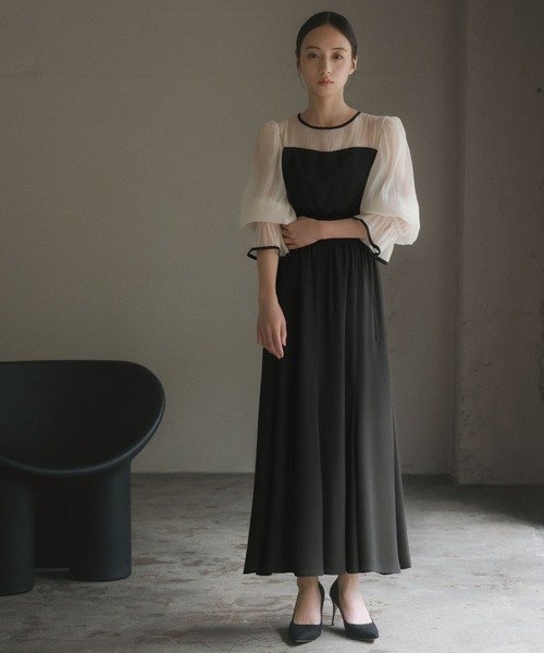 オーガンジーワンピース　オケージョン　黒 GIRL DRESS FOR NOW ドレス オーガンジー切り替えギャザー