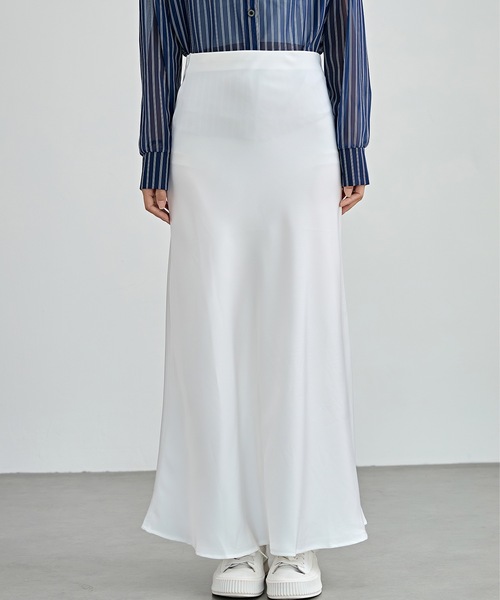 ホワイト サテンロングスカート Lace Ladies（レースレディース） スカート ソリッドカラー サテン