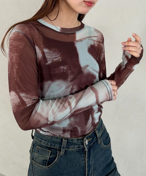 【MOKA】大幅PUBLIC TOKYO シアー 半袖 トップス タイダイ tシャツ タイダイクロップドシアートップス レディース