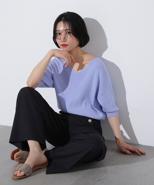 新品 NATURAL BEAUTY　Ｖネックニット（半袖） N.Natural Beauty Basic ニット セーター 総針Vネック五分袖