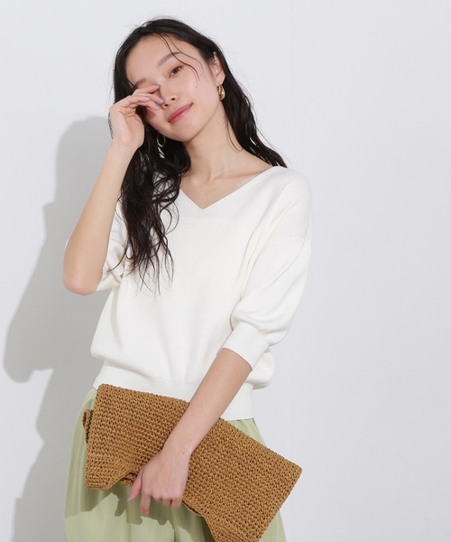 新品 NATURAL BEAUTY　Ｖネックニット（半袖） N.Natural Beauty Basic ニット セーター 総針Vネック五分袖