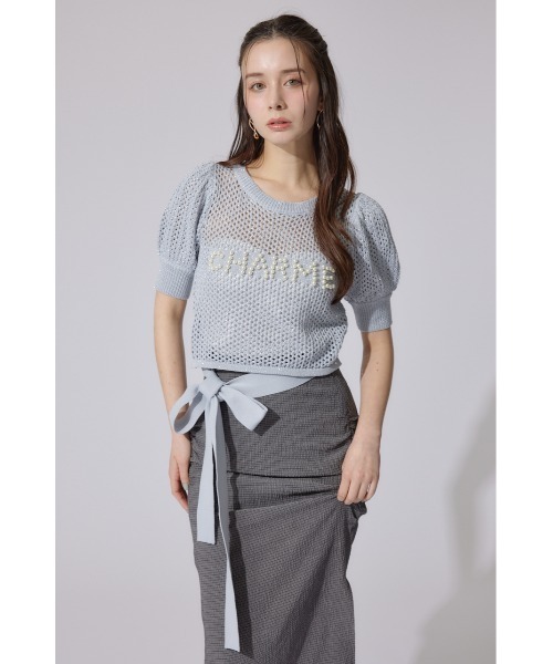 rienda ニット セーター メッシュロゴショートニットトップス