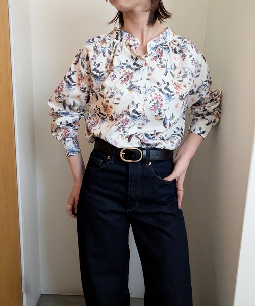 / イチ ichi 花柄 ブラウス シャツ トップス ネイビー 長袖 ボタニカル styiro（スタイロ） ブラウス シャツ ボタニカル柄シャツブラウス