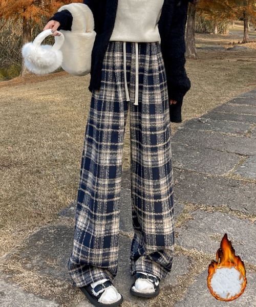 shoppinggo カーゴパンツ チェック柄パンツ ワイドパンツ 裏起毛パンツ