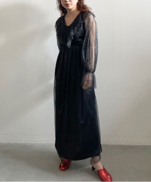 アメリ　ameri GLITTER FRILL COLLAR DRESS 結婚式 Ameri（アメリ） ワンピース GLITTER FRILL COLLAR DRESS : ZOZOTOWN