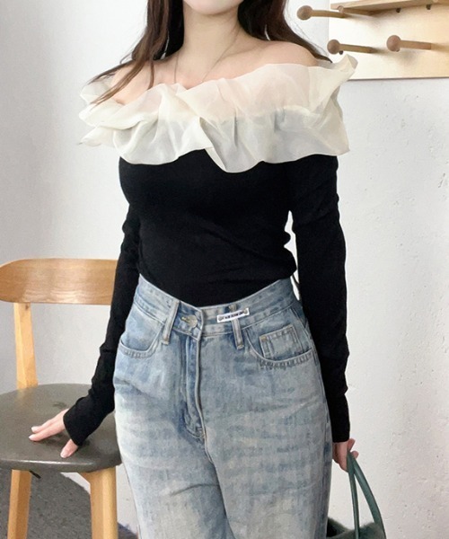 gossip!ロサンゼルス tシャツ Y2K フリルオフショルプルオーバー