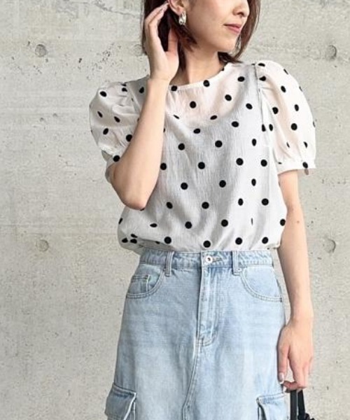 トップス Tシャツ ブラウス 水玉 小ドット レディース パフスリーブ タック入り ブラウス Re:EDIT ドットブラウス レディース 半袖ブラウス シアー