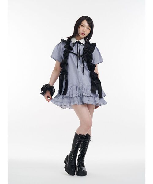 jouetie シャツワンピース リボンタイヘムフリルチュニック