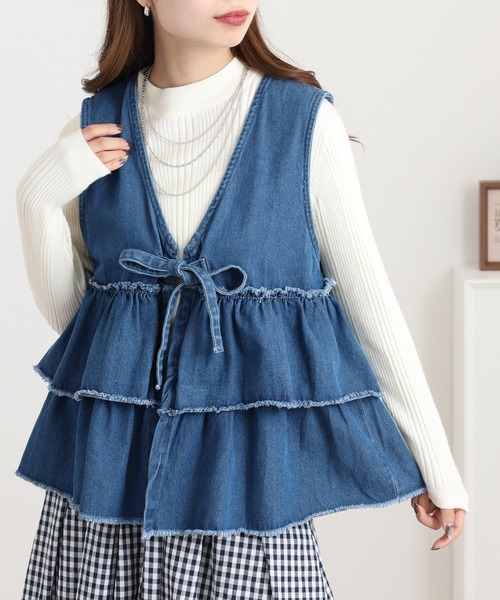 atONE（アットワン） ベスト ジレ フリルティアードデニムベスト