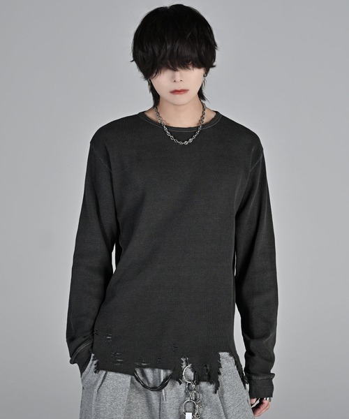 d*様 h.ANARCHY ダメージベルト飾り フード 長袖 Tシャツ ADRER（アドラー） tシャツ waffle damage long-T / ワッフルダメージ