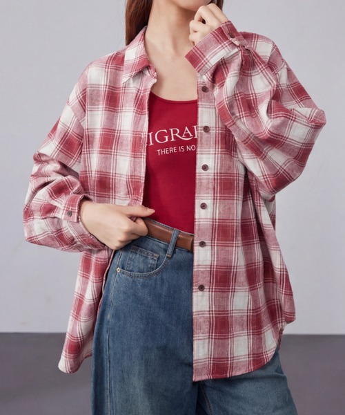 新品タグ付きtシャツ チェックスリーブプルオーバー レディース ブラウス シャツ オーバーサイズチェック柄長袖シャツ/冷房対策 UV