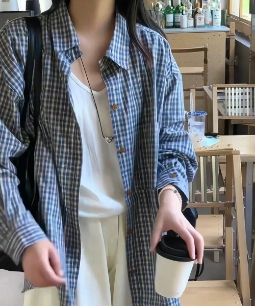 ブラウス シャツ オーバーサイズチェック柄長袖シャツ/冷房対策 UV