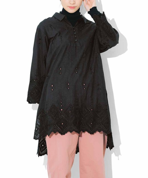 「Live in comfort」 7分袖チュニック X-LARGE ブラック レディース_画像3