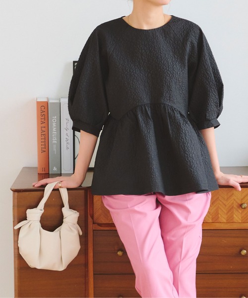 titivate tシャツ ふくれジャガードペプラムトップス レディース