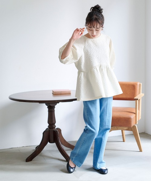 titivate tシャツ ふくれジャガードペプラムトップス レディース