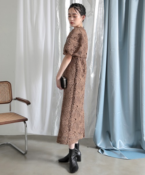 Callarus ケミカルレース使いボリューム袖デザインロング丈ワンピースドレス セール】〔Callarus〕【結婚式・お呼ばれ・パーティー