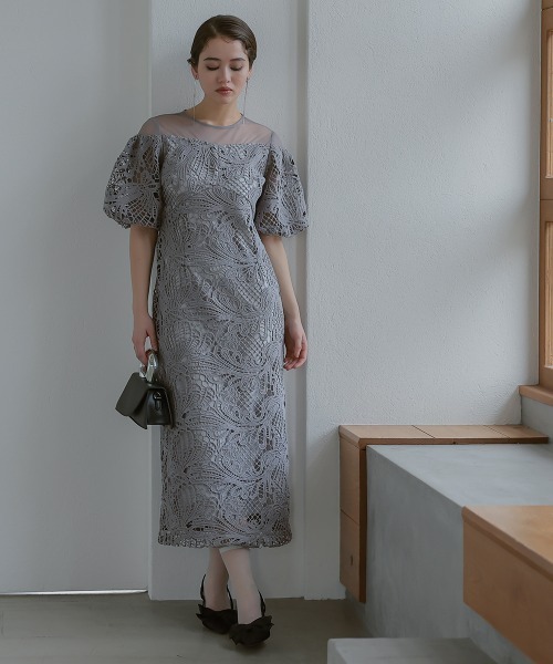 Callarus ケミカルレース使いボリューム袖デザインロング丈ワンピースドレス Callarus ドレス 「Callarus」「結婚式・お呼ばれ・パーティー