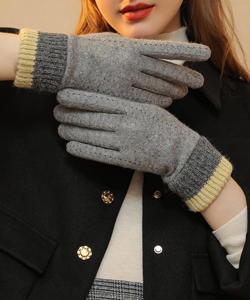 DAY CLOSET 手袋 レディース 裏起毛ステッチ風バイカラーリブ手袋
