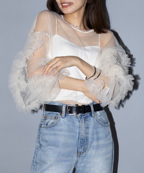 半袖ブラウス/FREE/ポリエステル/BLK/ドット/Dot frill sheer blouse/リウ セール】【MAISON BREEZE reveur】frill sheer tulle blouse