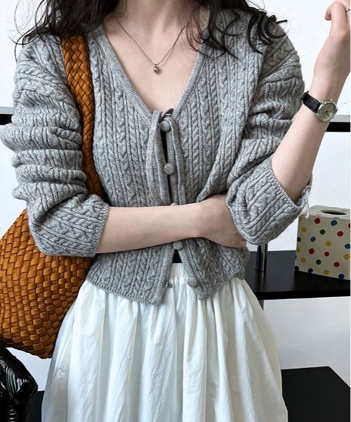ニット セーター くるみボタン ケーブル ショート カーディガン
