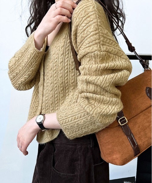 ニット セーター くるみボタン ケーブル ショート カーディガン