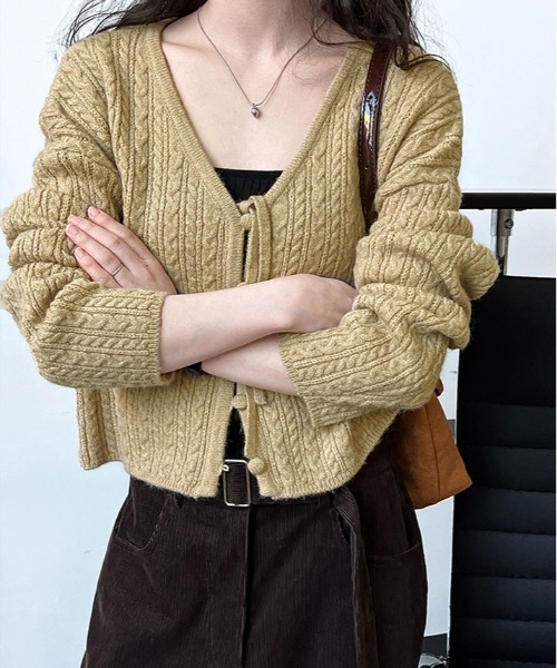 ニット セーター くるみボタン ケーブル ショート カーディガン