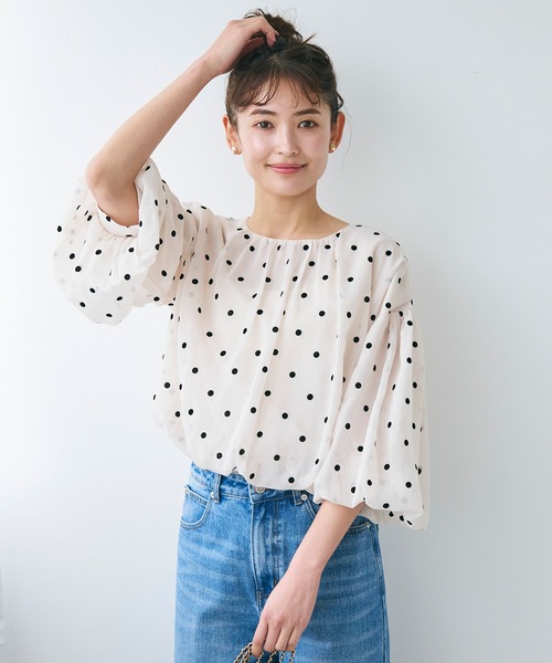 coca ブラウス シャツ ドット柄シアーギャザーブラウス
