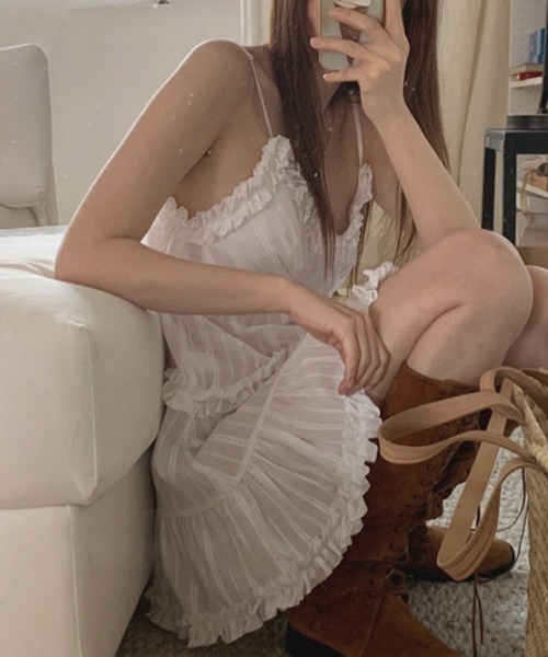 フリル袖 サマードレス ワンピ ノースリーブ シアー フェミニン ワンピース フリルフェミニンワンピース : ZOZOTOWN Yahoo!店