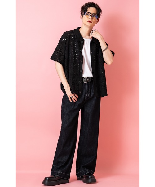 カーディガン a.p.o.v. パンチホールメッシュニット半袖シャツ メンズ