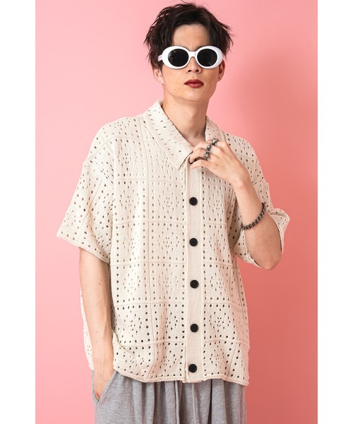 カーディガン a.p.o.v. パンチホールメッシュニット半袖シャツ メンズ