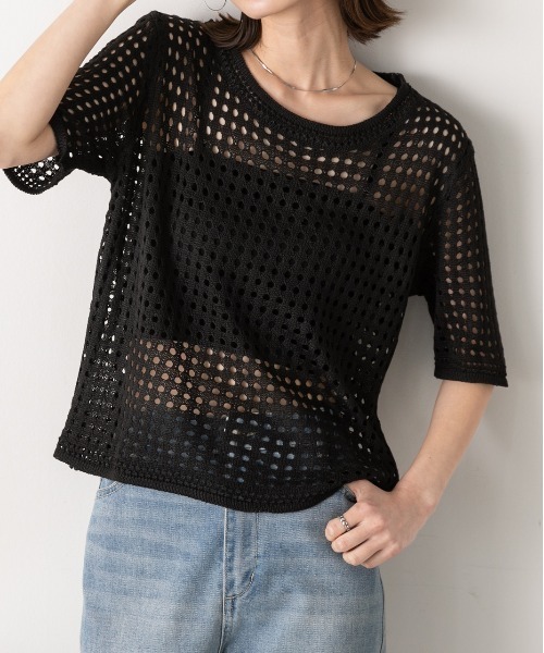 tシャツ 透かし編みプルオーバー レディース ad thie tシャツ 透かし編み サマーニットプルオーバー