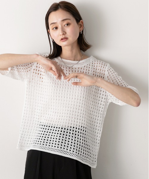 tシャツ 透かし柄ニットプルオーバー レディース ad thie tシャツ 透かし編み サマーニットプルオーバー