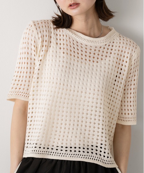 tシャツ 透かし柄ニットプルオーバー レディース セール】キラッと華やか！透かし柄シャギーニットプルオーバー