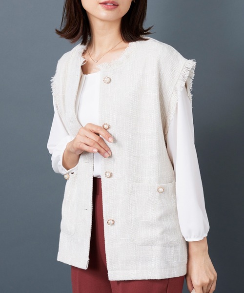 【イエナ】美品 23AW パール ツイード ジレ ベスト 尾州生地 コクーン BELLUNA PLUS（ベルーナプラス） ベスト ジレ ツイード調パールボタン
