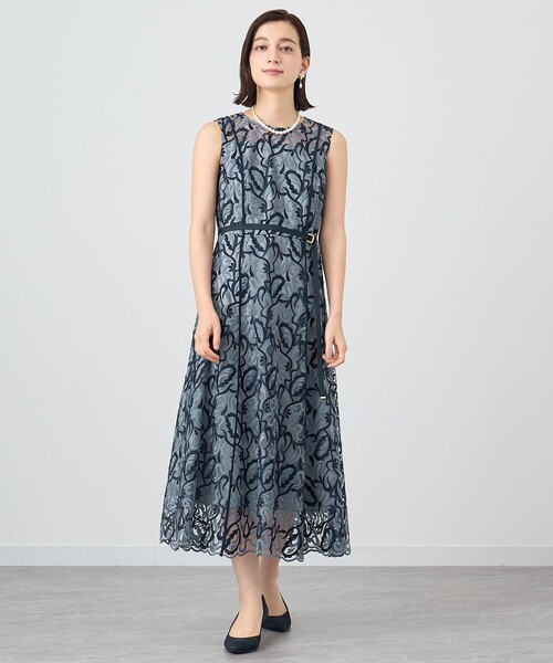 ANAYI アナイ リーフエンブロイダリーフレアワンピース NAVY 36 フラワーエンブロイダリーフレア ワンピース|ANAYI OFFICIAL