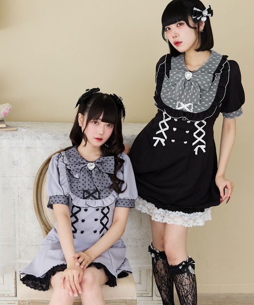 【新品】Dear My Love ブラックワンピース DearMyLove ワンピース ハートドットヨークレースアップ