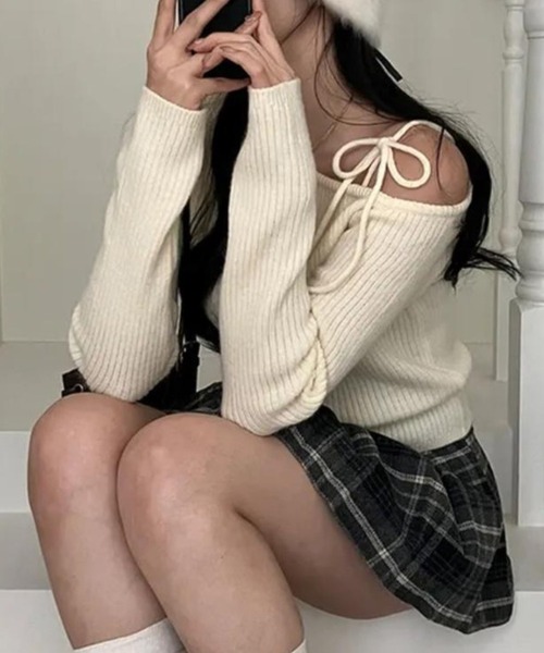 moripon モリポン　　ワンショルダーニット 3color] ワンショルダーリボンリブニット | ファッション通販