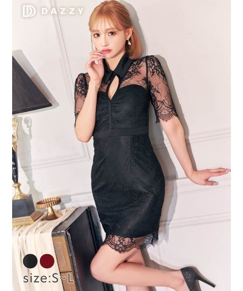 新品 ミニドレス ストール付き DAZZY（デイジー） ドレス オールフラワーレース 襟付き ホール 五分袖