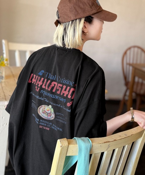 tシャツ 「JaVaジャバコラボ」お洒落見え確定。綿100％タイ料理メニュー風プリントルーズフィットTシャツ(オーバーサイズ) レディース | Java