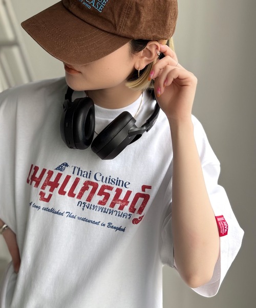 tシャツ 「JaVaジャバコラボ」お洒落見え確定。綿100％タイ料理メニュー風プリントルーズフィットTシャツ(オーバーサイズ) レディース | Java | 12