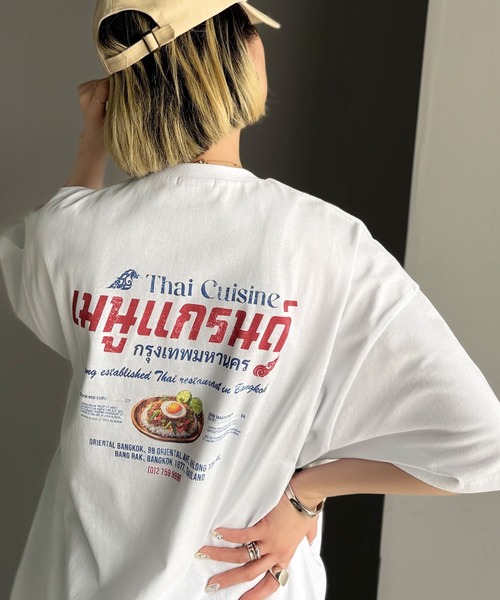 tシャツ 「JaVaジャバコラボ」お洒落見え確定。綿100％タイ料理メニュー風プリントルーズフィットTシャツ(オーバーサイズ) レディース | Java | 10