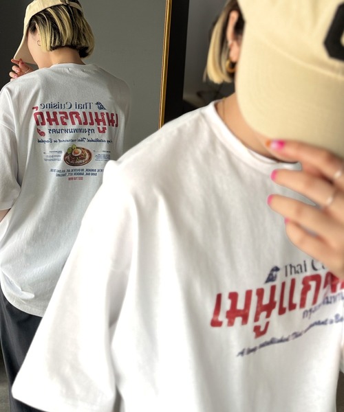 tシャツ 「JaVaジャバコラボ」お洒落見え確定。綿100％タイ料理メニュー風プリントルーズフィットTシャツ(オーバーサイズ) レディース | Java | 11