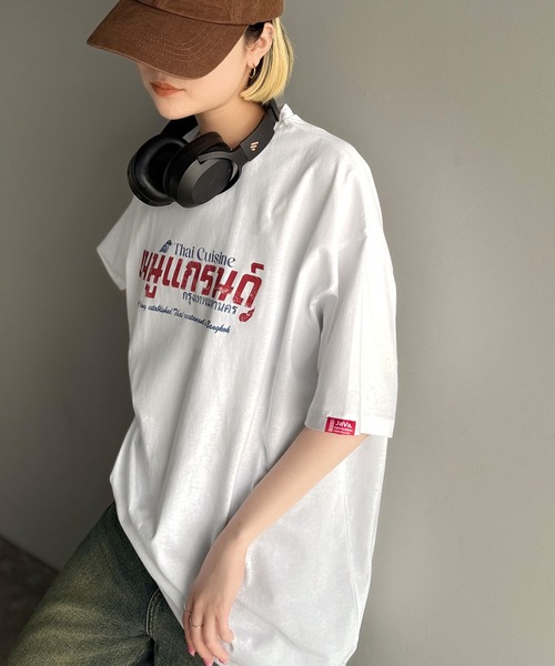 tシャツ 「JaVaジャバコラボ」お洒落見え確定。綿100％タイ料理メニュー風プリントルーズフィットTシャツ(オーバーサイズ) レディース | Java | 13
