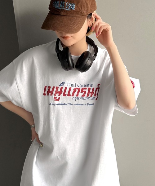 tシャツ 「JaVaジャバコラボ」お洒落見え確定。綿100％タイ料理メニュー風プリントルーズフィットTシャツ(オーバーサイズ) レディース | Java | 14