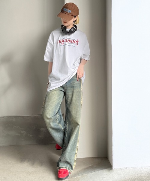 tシャツ 「JaVaジャバコラボ」お洒落見え確定。綿100％タイ料理メニュー風プリントルーズフィットTシャツ(オーバーサイズ) レディース | Java | 15